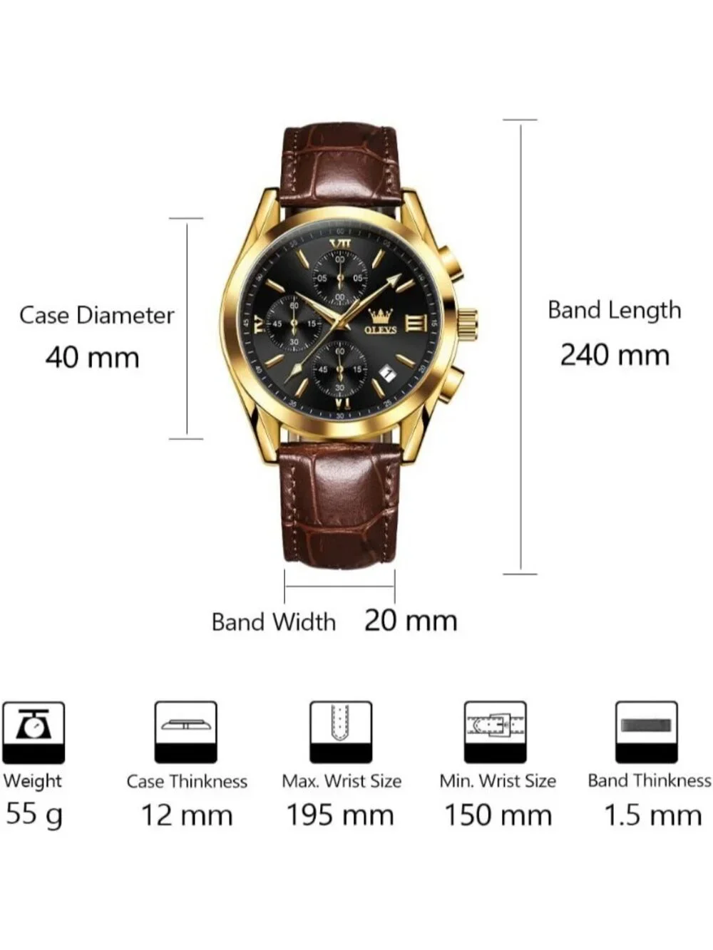 Men's Black Brown Leather Chronograph Watch Big Face Waterproof Luminous Watch